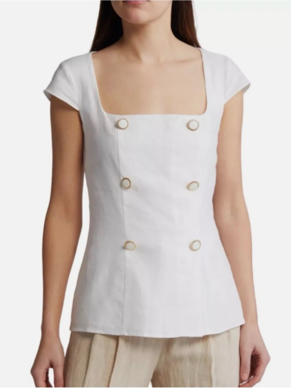 Reformation Meela White Square-Neck Double-Breasted Linen Top